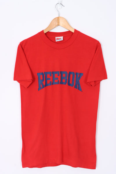 REEBOK Big Spell Out Logo Red Single Stitch T Shirt USA Made S M