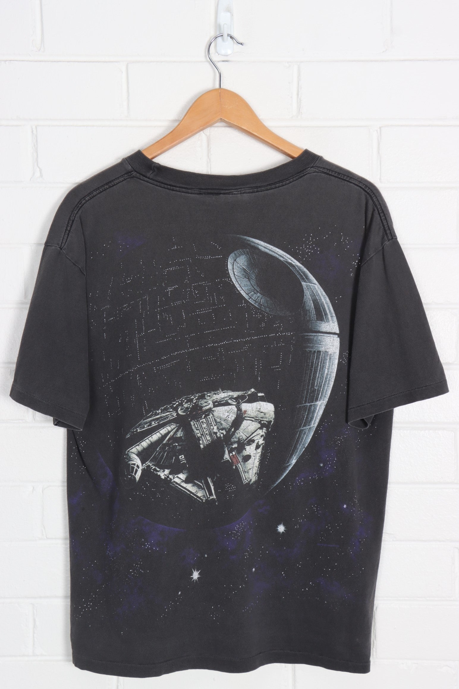 Vintage STAR WARS Millennium Falcon Tie Fighter Death Star All Over T-Shirt  (L)