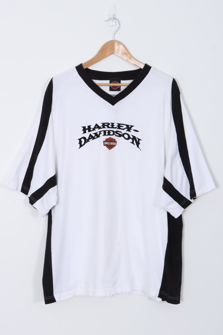 HARLEY DAVIDSON White & Black Stripe Detail V-Neck T-shirt (XL)