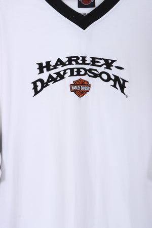 HARLEY DAVIDSON White & Black Stripe Detail V-Neck T-shirt (XL)