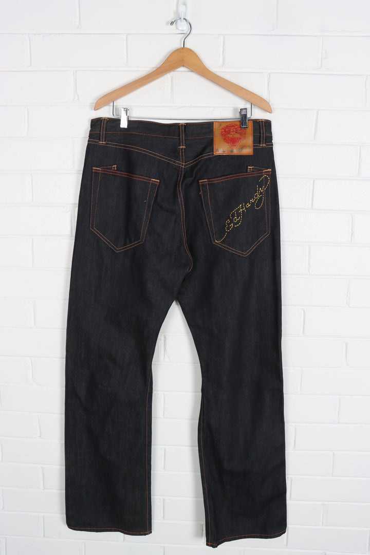 ED HARDY Dark Wash Y2K Orange Stitch Jeans (36 x 34)