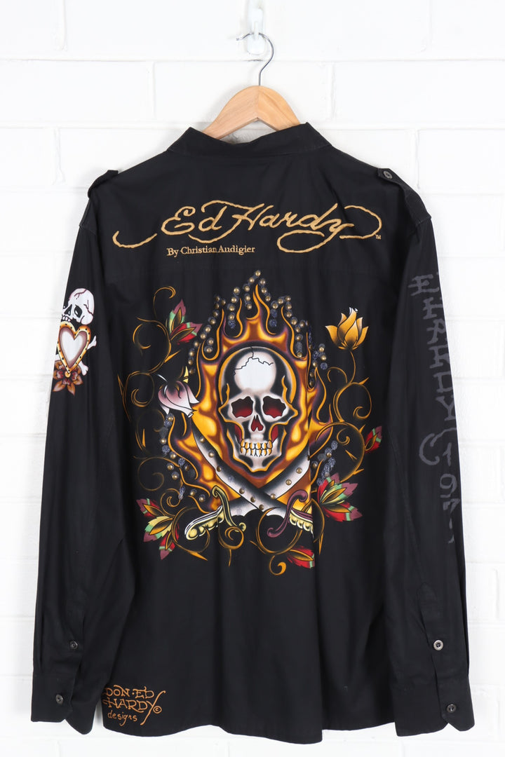 ED HARDY Skeleton Embroidered Long Sleeve Shirt (L-XL)