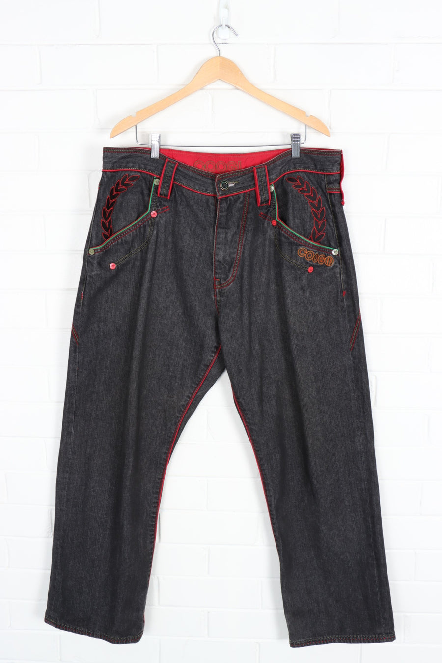 COOGI Red & Green Dark Wash Denim Embroidered Jeans (40x34)