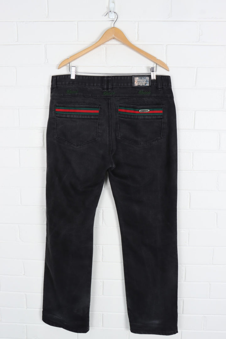 REPLICA GUCCI Embroidered Stripe Black Wash Jeans (38)