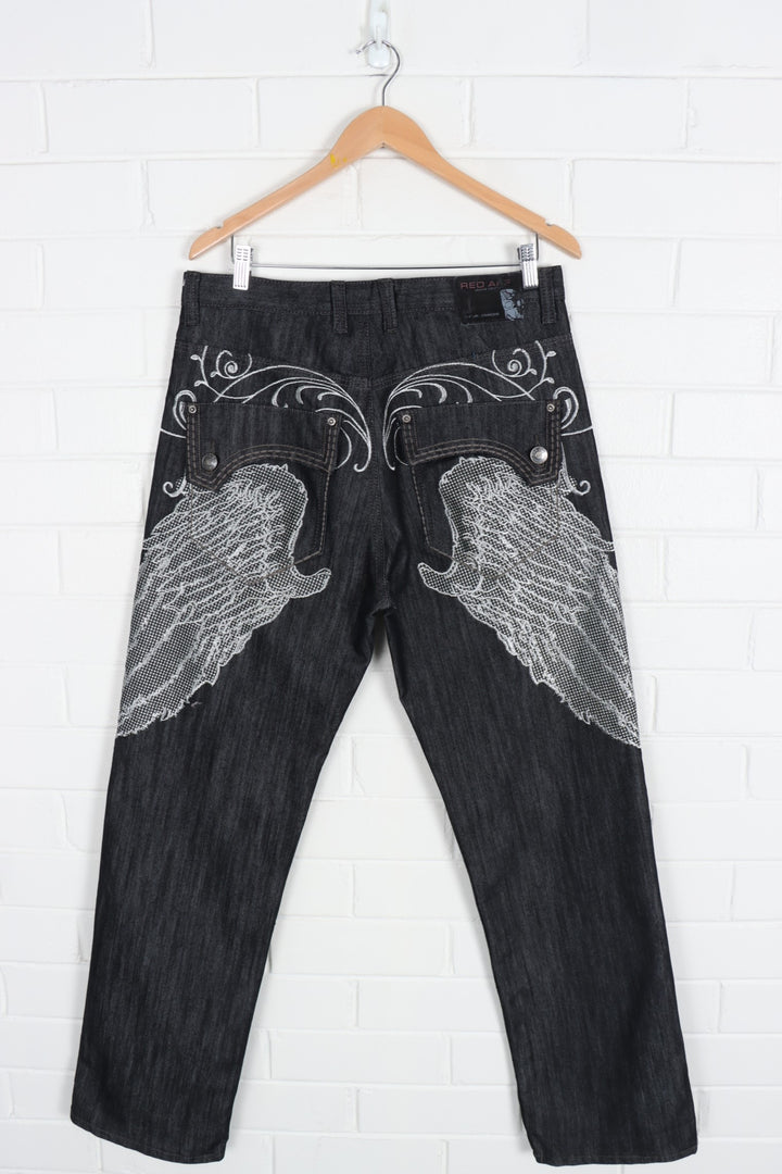 RED APE Embroidered Metallic Silver Wings Y2K Dark Wash Jeans (34)