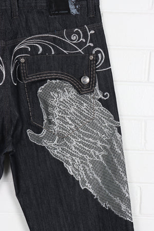 RED APE Embroidered Metallic Silver Wings Y2K Dark Wash Jeans (34)