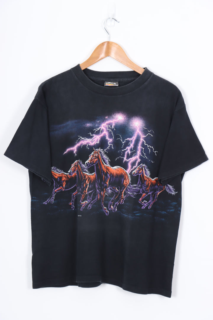 1992 VINTAGE Habitat Purple Lightning Horse Animal Nature Tee (L-XL)