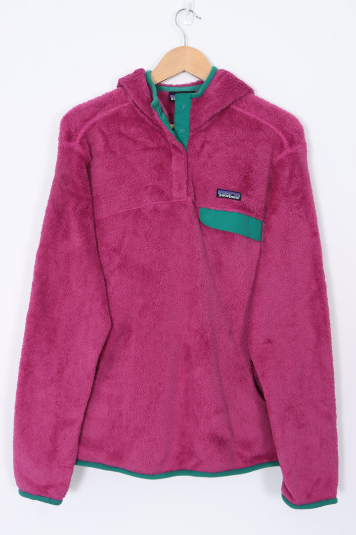 PATAGONIA Hooded 'Re-Tool' 1/4 Snap Purple Green Fleece Sweatshirt (L)