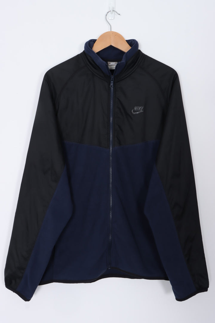 NIKE Black & Navy Swoosh Logo Full Zip Fleece Jacket (XL)