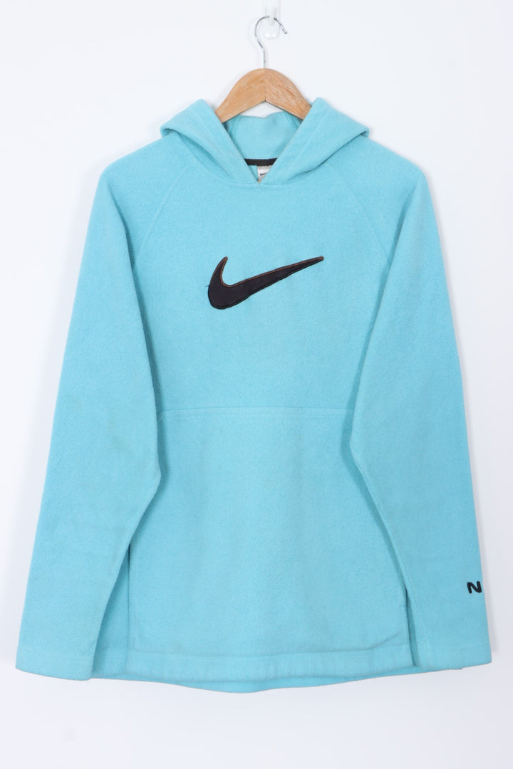 NIKE Light Blue Centre Swoosh Logo Oversized Fleece Hoodie (S)