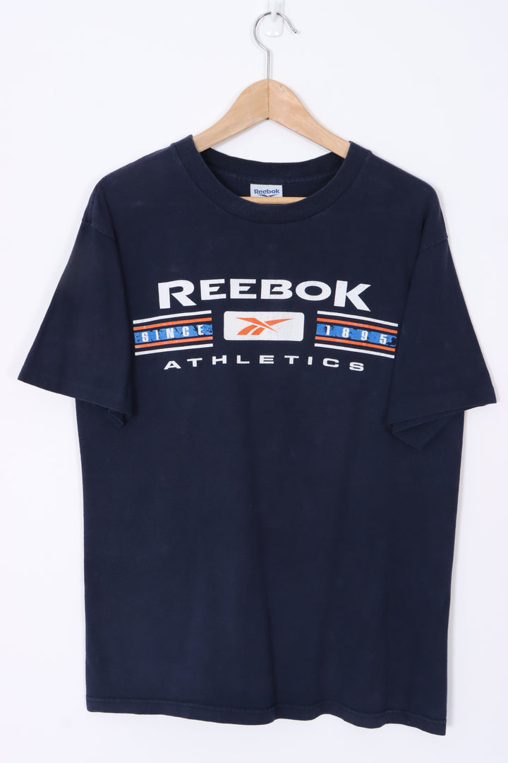 REEBOK Athletics Big Spell Out Logo Navy Blue Single Stitch T-Shirt (L)