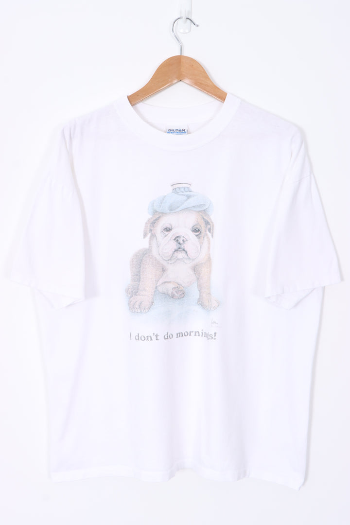 Bulldog Puppy "I Don't Do Mornings" White T-Shirt Canada Made (XL)