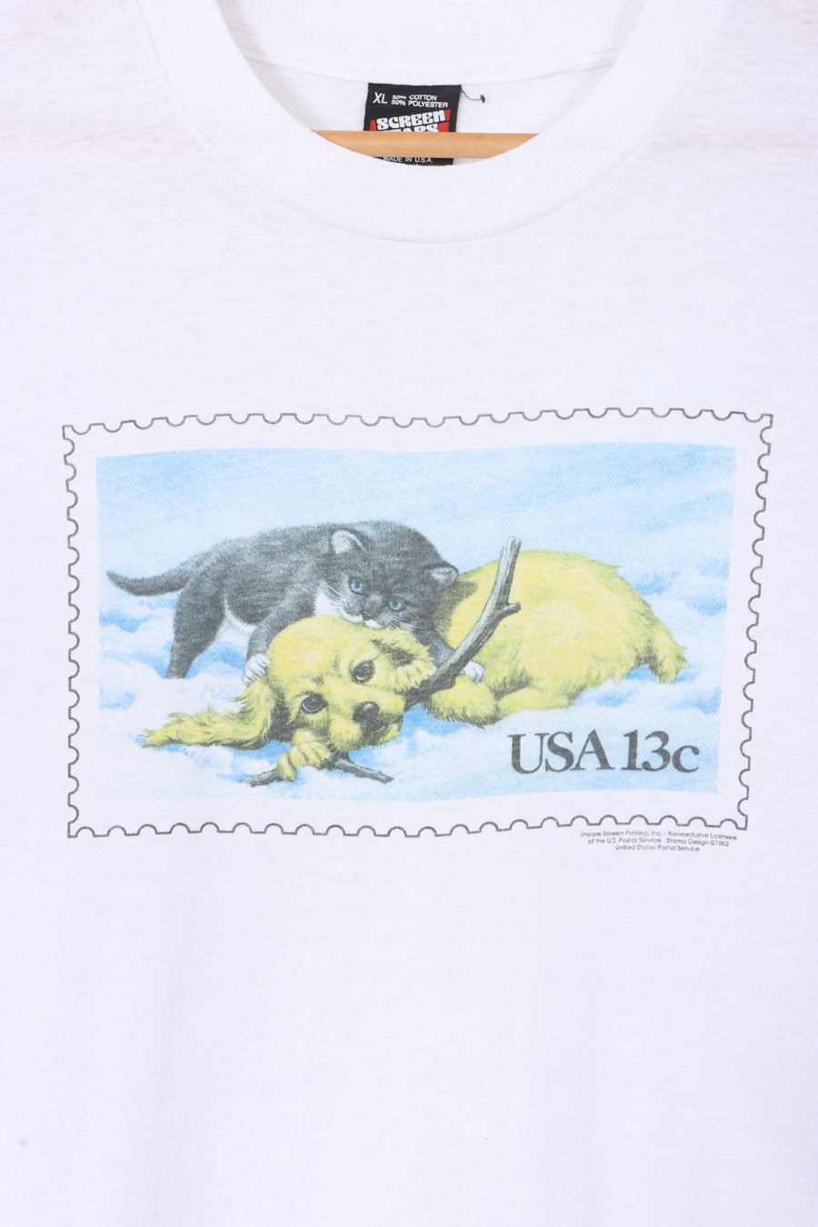 Puppy & Kitten 1982 Stamp Single Stitch T-Shirt USA Made (XL)