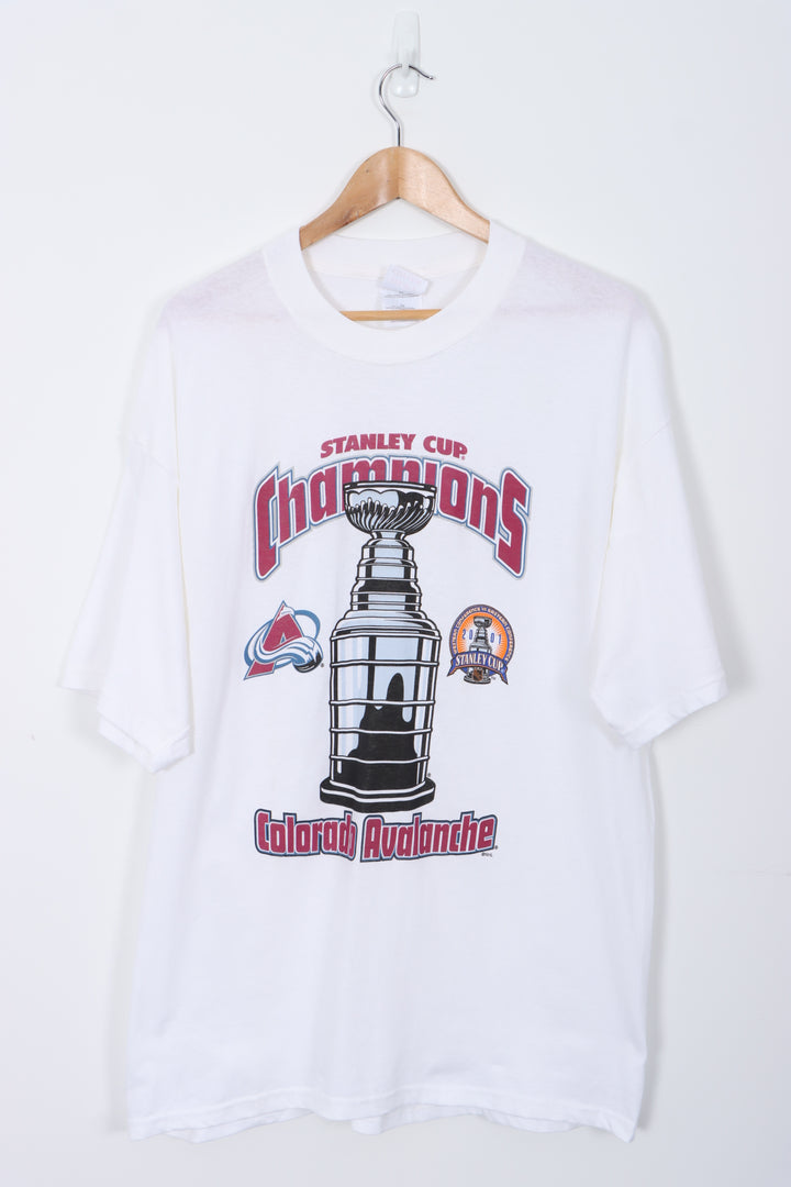 Stanley Cup Champions 2001 Colorado Avalanche NHL Hockey White T-Shirt (XL-XXL)