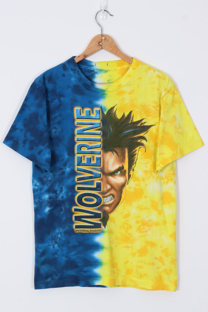 Vintage 1999 MARVEL Wolverine Tie-Dye Yellow & Blue T-Shirt (M)