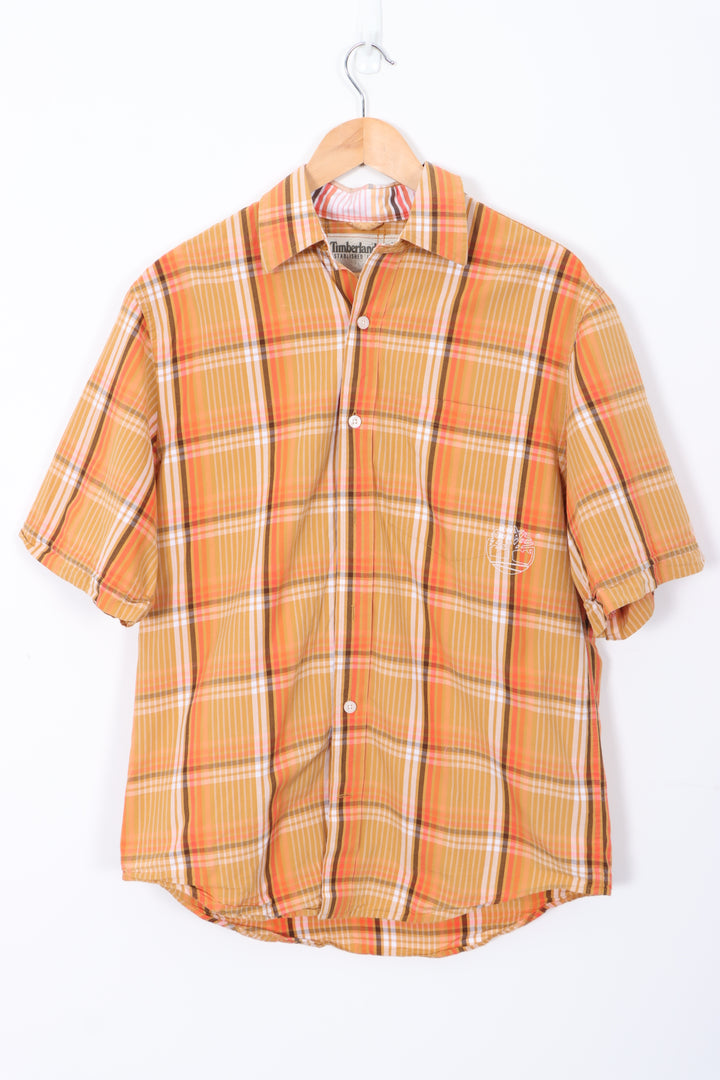 TIMBERLAND Orange Plaid 'Loose Fit' Short Sleeve Shirt (S-M)