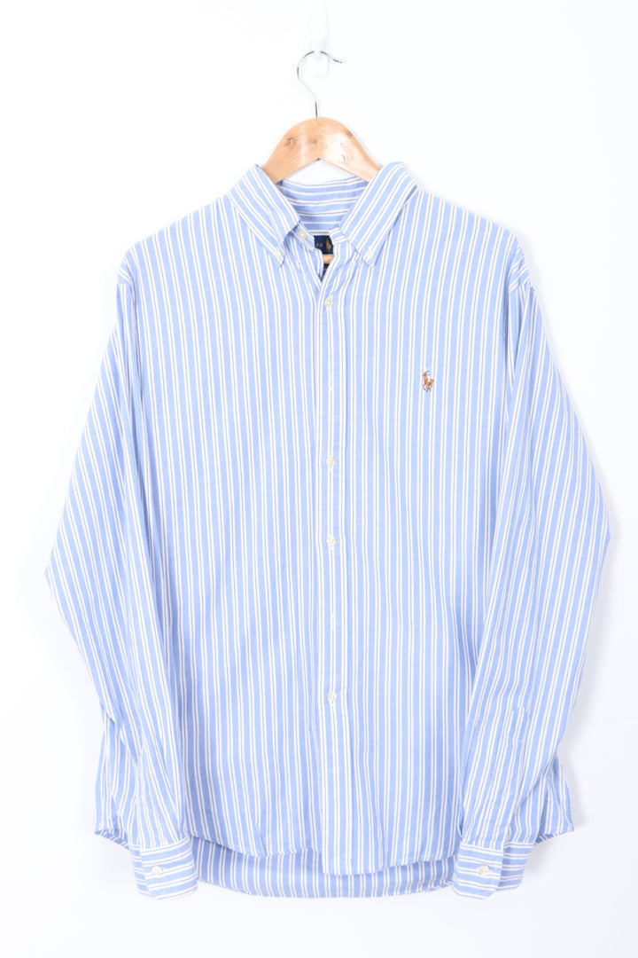 RALPH LAUREN 'Slim Fit Stretch Oxford' Blue and White Stripe Shirt (L)