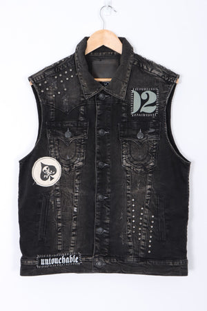 TRUE RELIGION World Tour Black Denim Distressed Jimmy Vest (L)