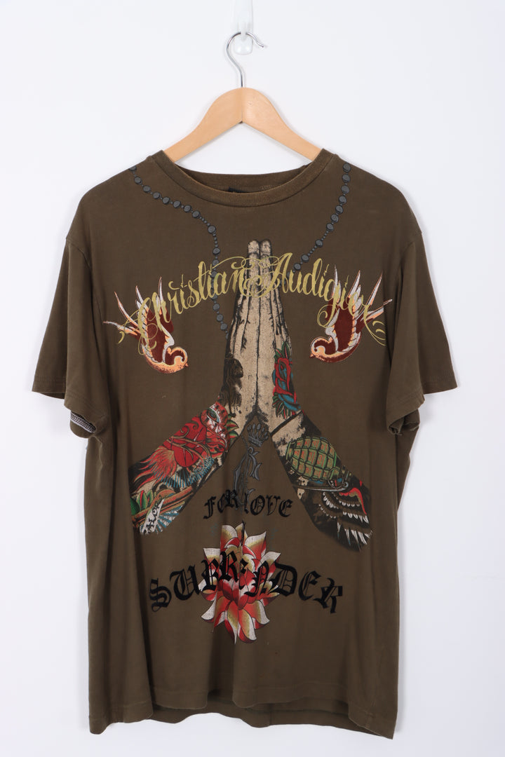 Christian Audigier 'For Love I Surrender' Front Back Graphic Khaki T-Shirt (XL)