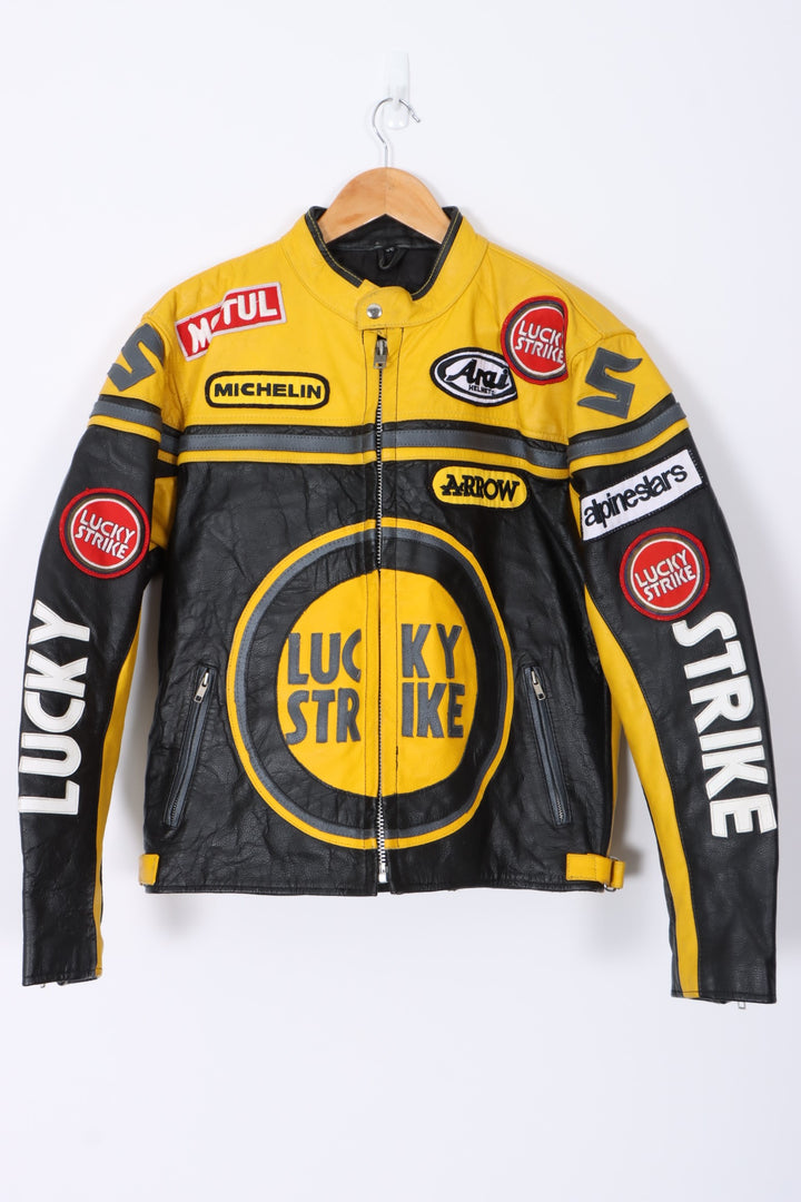 Vintage LUCKY STRIKE Yellow Leather Motorcycle Racing Jacket (XS-S)