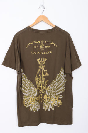 Christian Audigier 'For Love I Surrender' Front Back Graphic Khaki T-Shirt (XL)