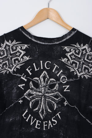 AFFLICTION Distressed Cross Design USA Made Y2K Black Tee (L-XL)