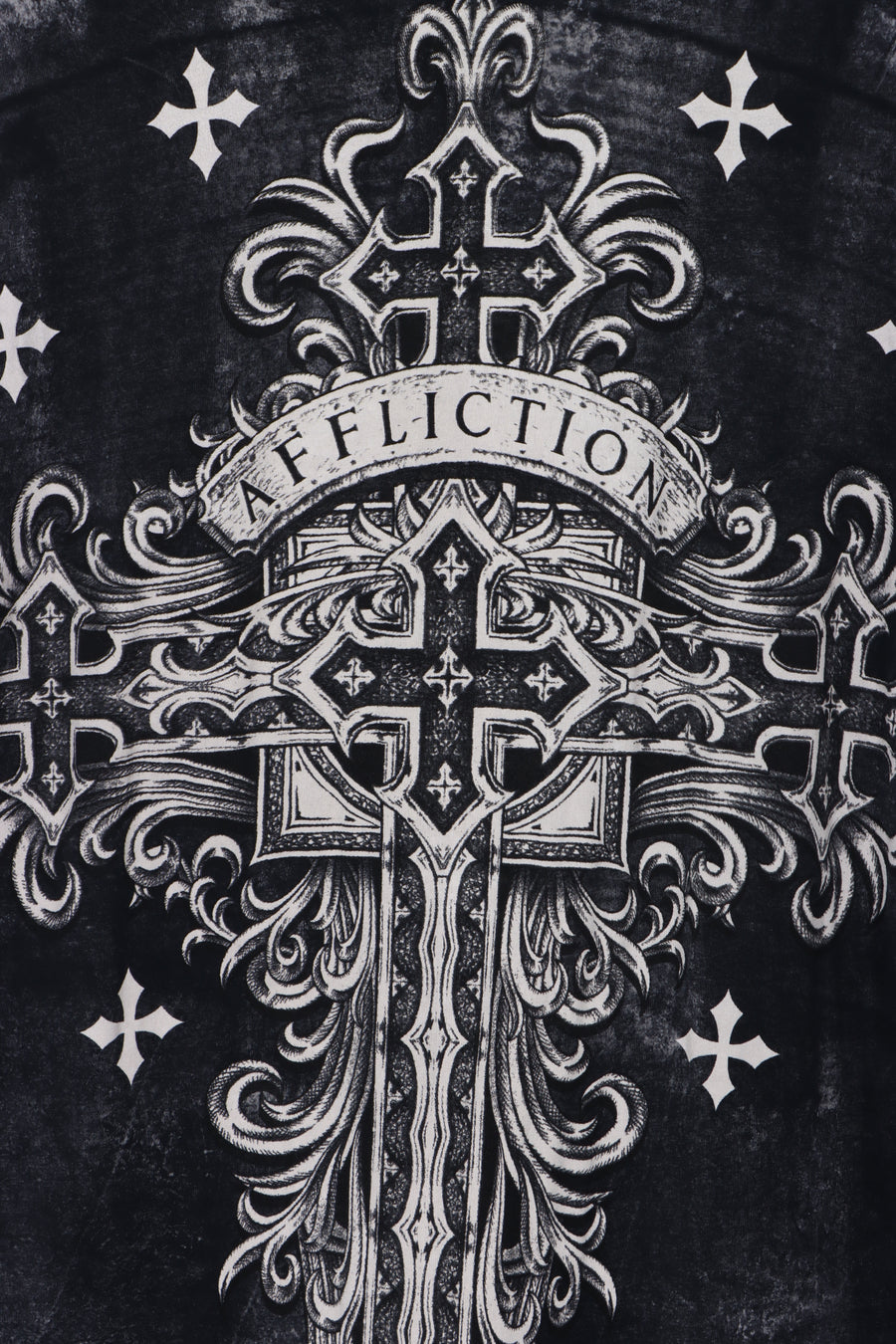 AFFLICTION Distressed Cross Design USA Made Y2K Black Tee (L-XL)