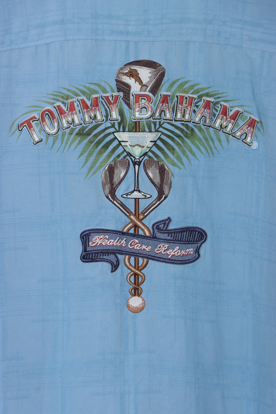 Tommy Bahama 'Health Care Reform' Blue Short Sleeve Silk Shirt (L-XL)