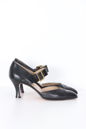 SALVATORE FERRAGAMO Black Leather Mary Jane Heels (8 Narrow)