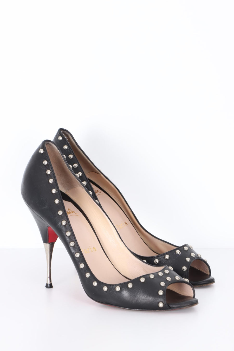 REPLICA Christian Louboutin Studded Peep Toe Leather Heels (38.5)