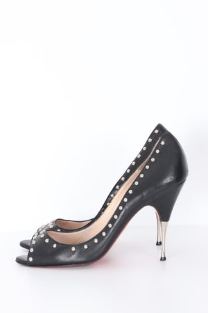 REPLICA Christian Louboutin Studded Peep Toe Leather Heels (38.5)