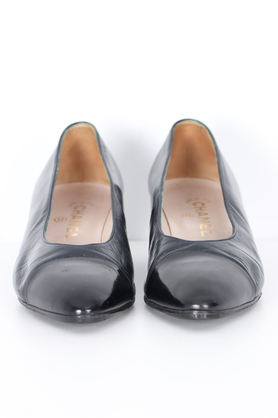 Vintage CHANEL Black Leather Patent Toe Cap Heels (38.5)