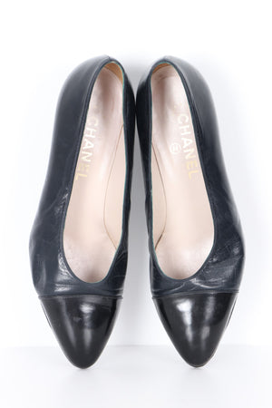 Vintage CHANEL Black Leather Patent Toe Cap Heels (38.5)