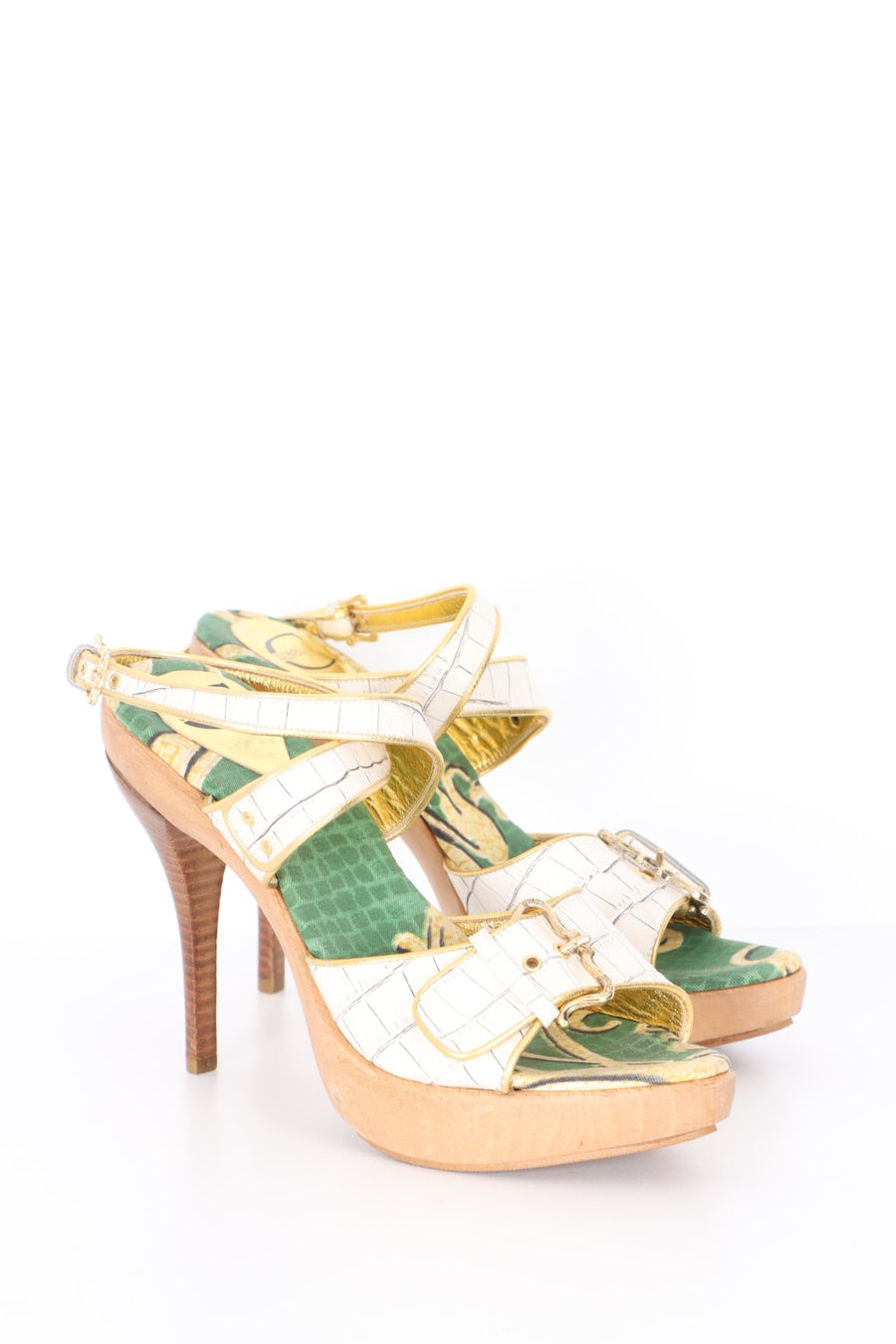 JUST CAVALLI 'Zoccolo' Leather and Wood Strappy Sandal Heels (40)