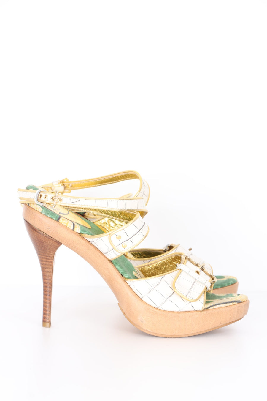 JUST CAVALLI 'Zoccolo' Leather and Wood Strappy Sandal Heels (40)