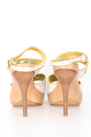 JUST CAVALLI 'Zoccolo' Leather and Wood Strappy Sandal Heels (40)