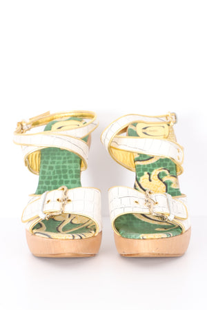 JUST CAVALLI 'Zoccolo' Leather and Wood Strappy Sandal Heels (40)