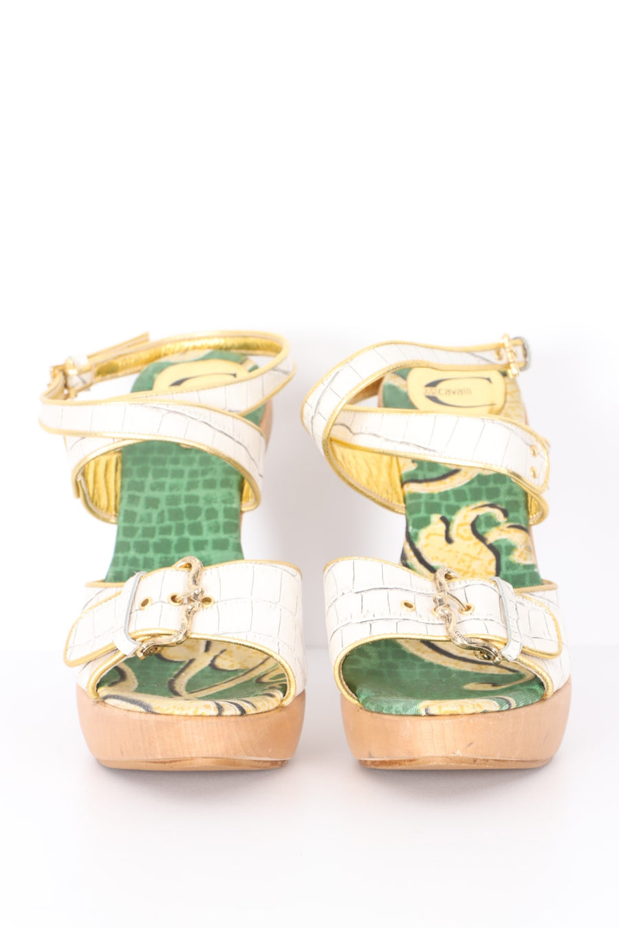 JUST CAVALLI 'Zoccolo' Leather and Wood Strappy Sandal Heels (40)