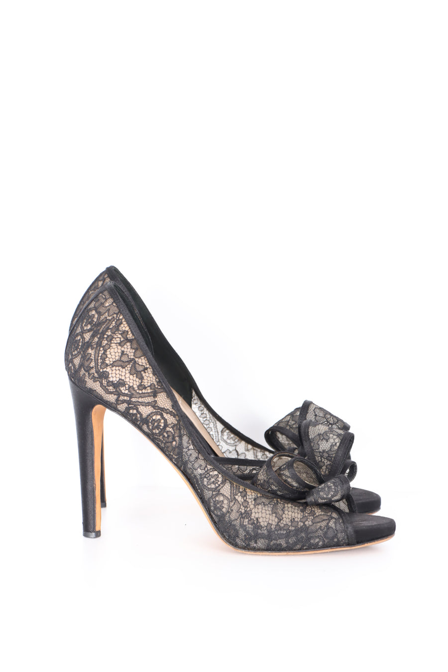 VALENTINO Black 'Lace Couture Bow' Peep Toe Heels (38.5)