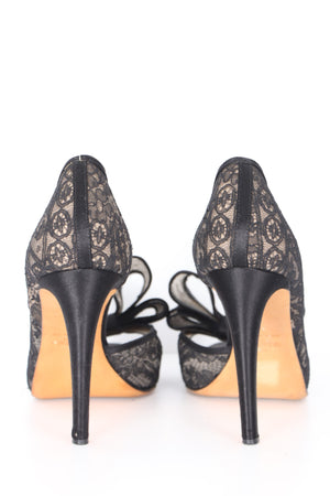 VALENTINO Black 'Lace Couture Bow' Peep Toe Heels (38.5)