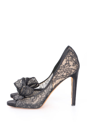 VALENTINO Black 'Lace Couture Bow' Peep Toe Heels (38.5)