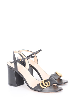 GUCCI GG Marmont Mid-Heel Black Leather Sandals (37)