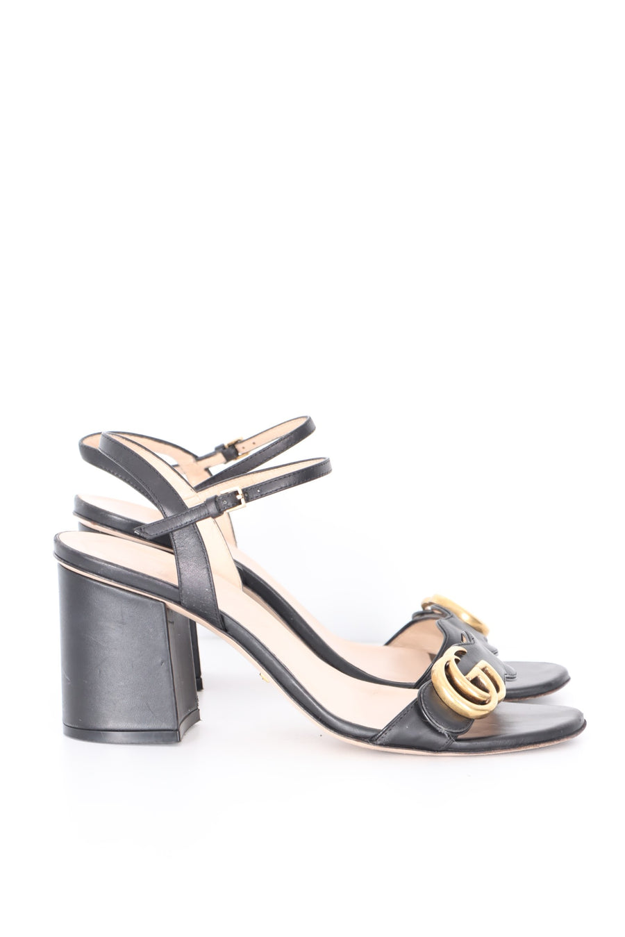 GUCCI GG Marmont Mid-Heel Black Leather Sandals (37)