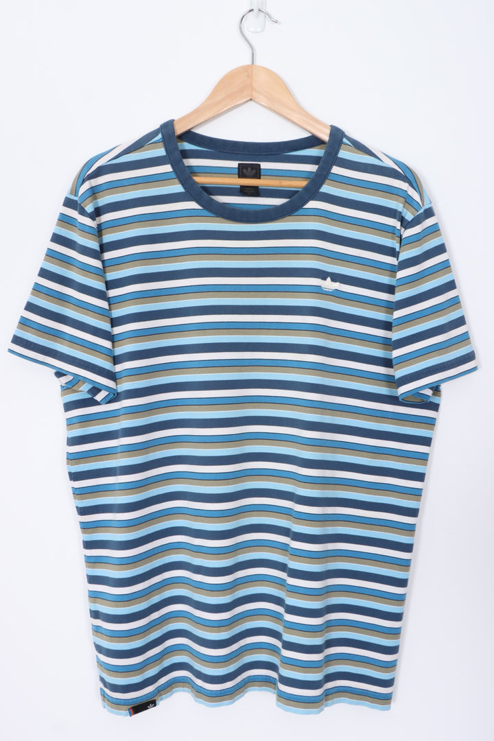 ADIDAS Trefoil Logo Blue Striped T-Shirt (XL)