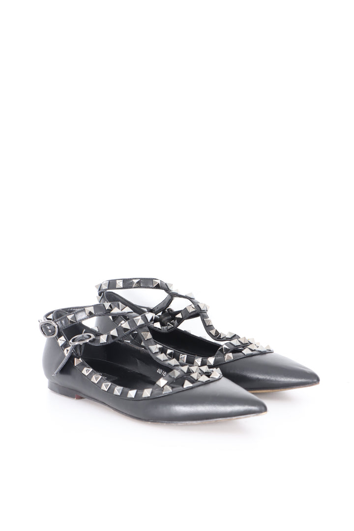 REPLICA Valentino 'Rockstud' Caged Black Leather Ballet Flats (38)