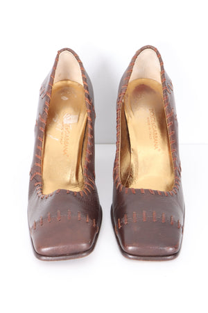 DOLCE & GABBANA 'Whipstitch' Brown Leather Heels (37)