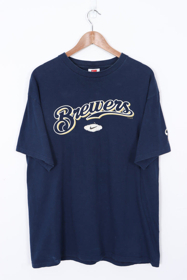 NIKE Milwaukee Brewers MLB Centre Swoosh Navy T-Shirt (L)