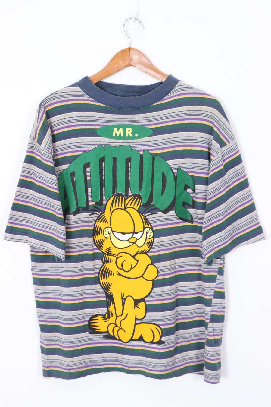 1979 Mr Attitude Garfield Graphic Print Striped T-Shirt (L-XL)