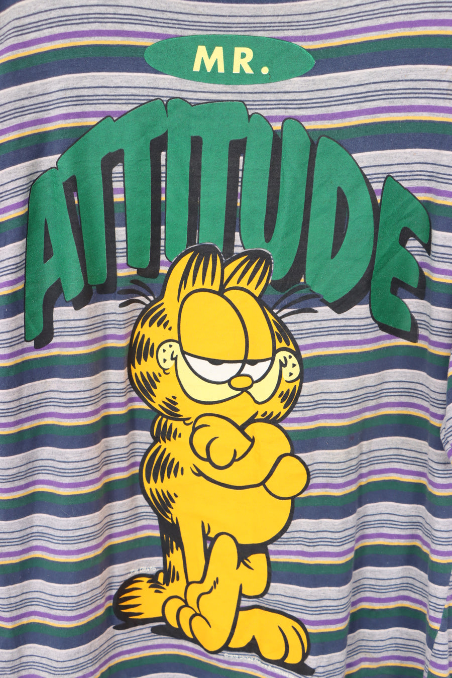 1979 Mr Attitude Garfield Graphic Print Striped T-Shirt (L-XL)