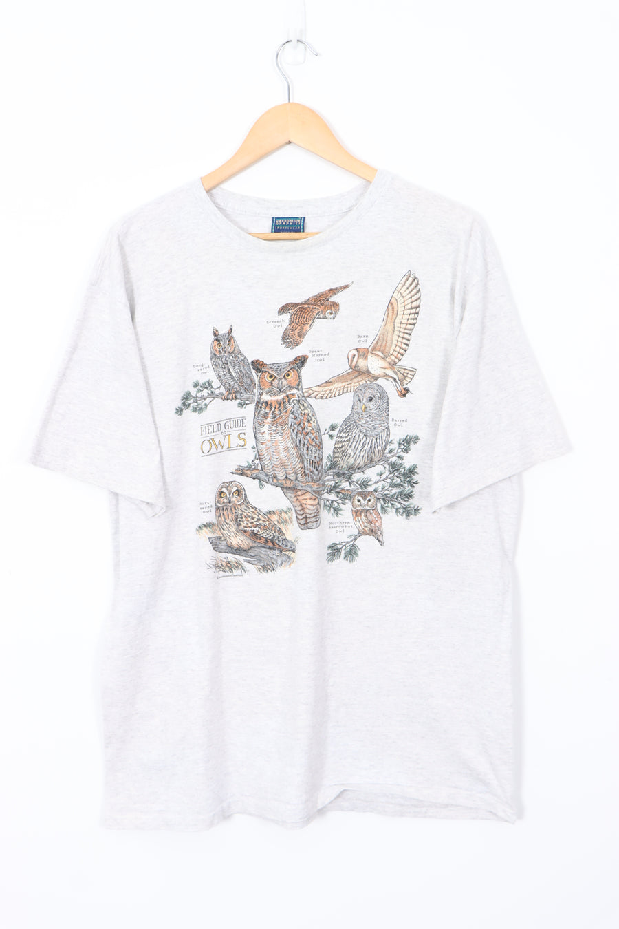 VINTAGE "Field Guide to Owls" Grey Animal Single Stitch T-Shirt (L)